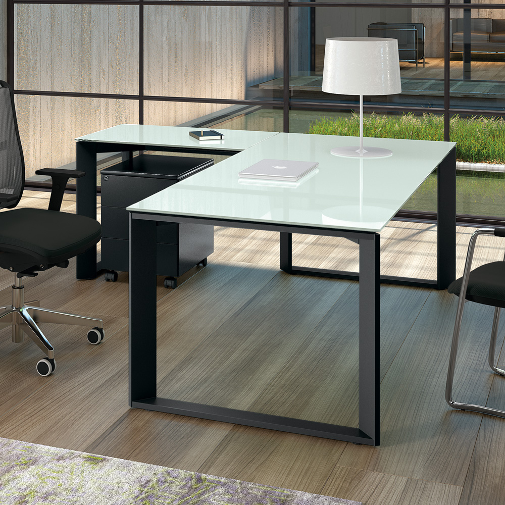 Scrivania Twist in Cristallo con Allungo e Cassettiera Metal Moovy - Linekit