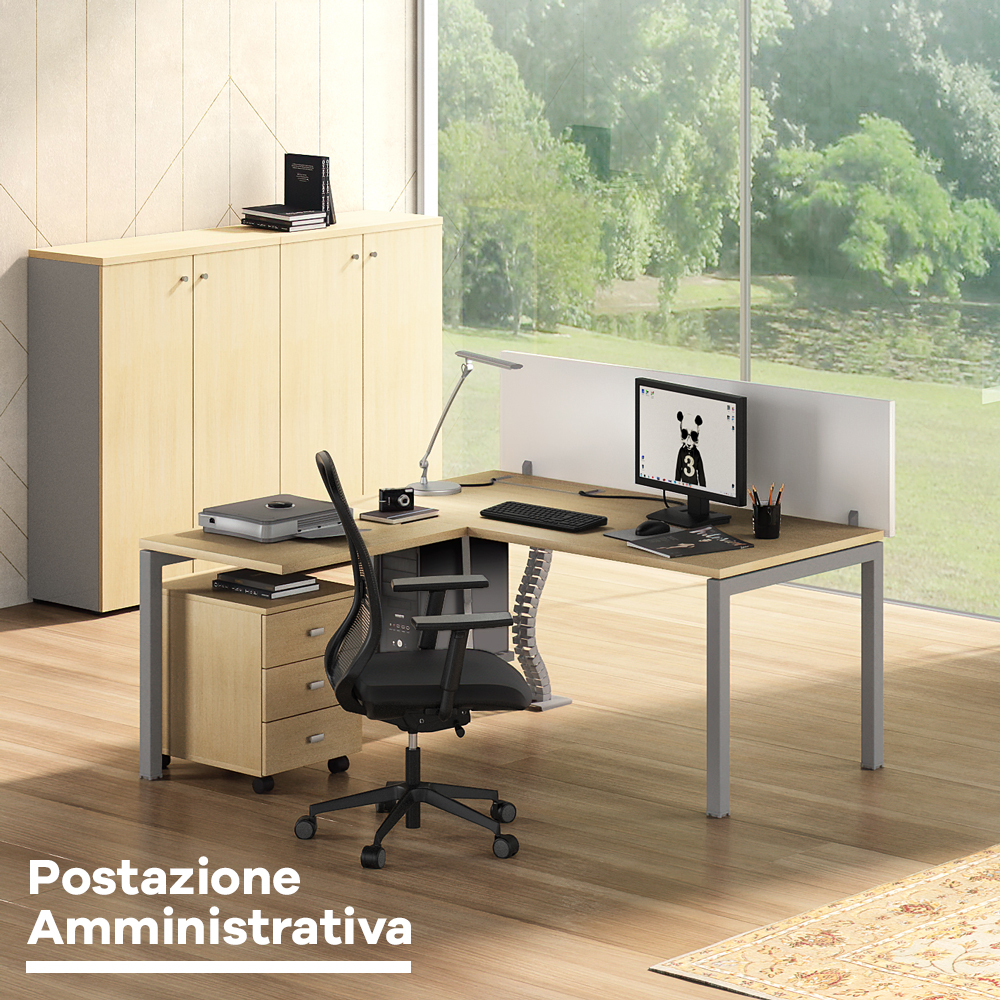 Isola di Lavoro Swing 5050 con Cassettiera Moovy e seduta Iride 1 Isola di Lavoro Swing 5050 con Cassettiera Moovy e seduta Iride